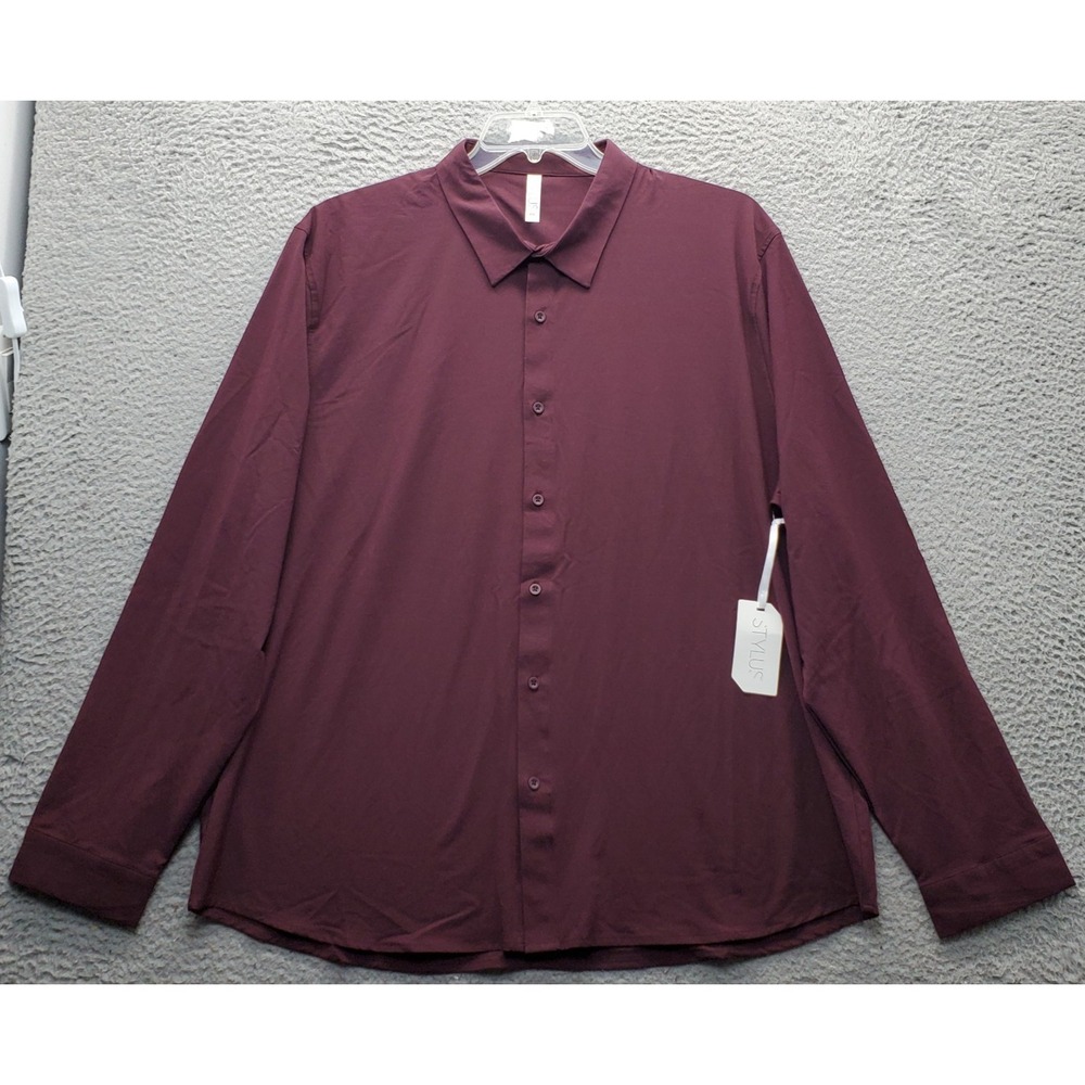 Stylus Shirt Men XXL Burgundy Stretch Regular Fit Long Sleeve Collared Button Up